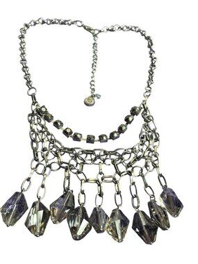 Simply Vera Wang Bib Necklace Silvertone Chain Rhinestones Chunky Glass Beads